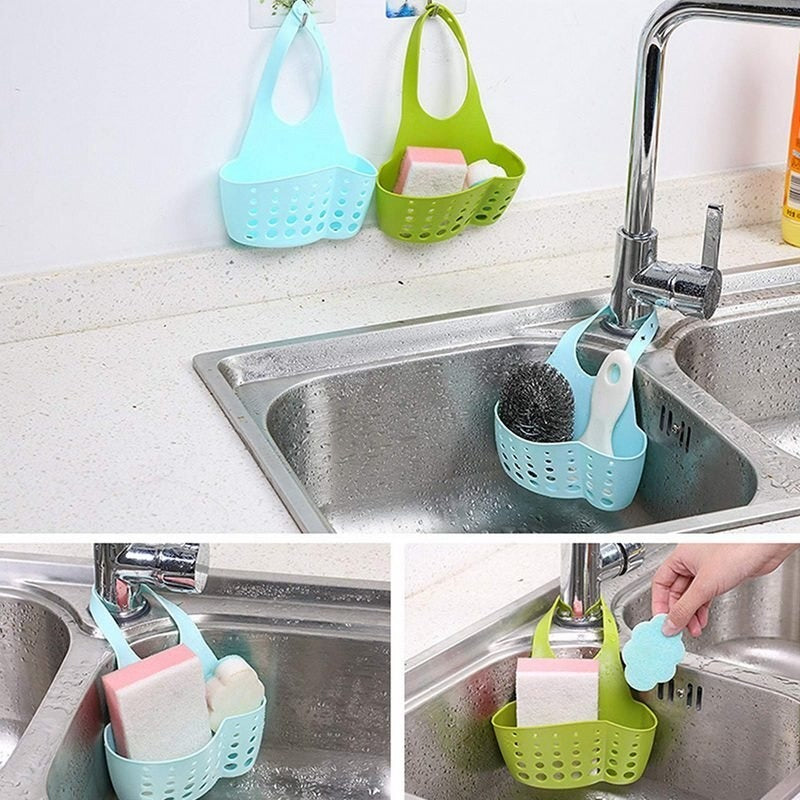 Adjustable sink basket for organizing and draining water from kitchen or bathroom essentials. Adjustable sink basket for organizing and draining water from kitchen or bathroom essentials.
